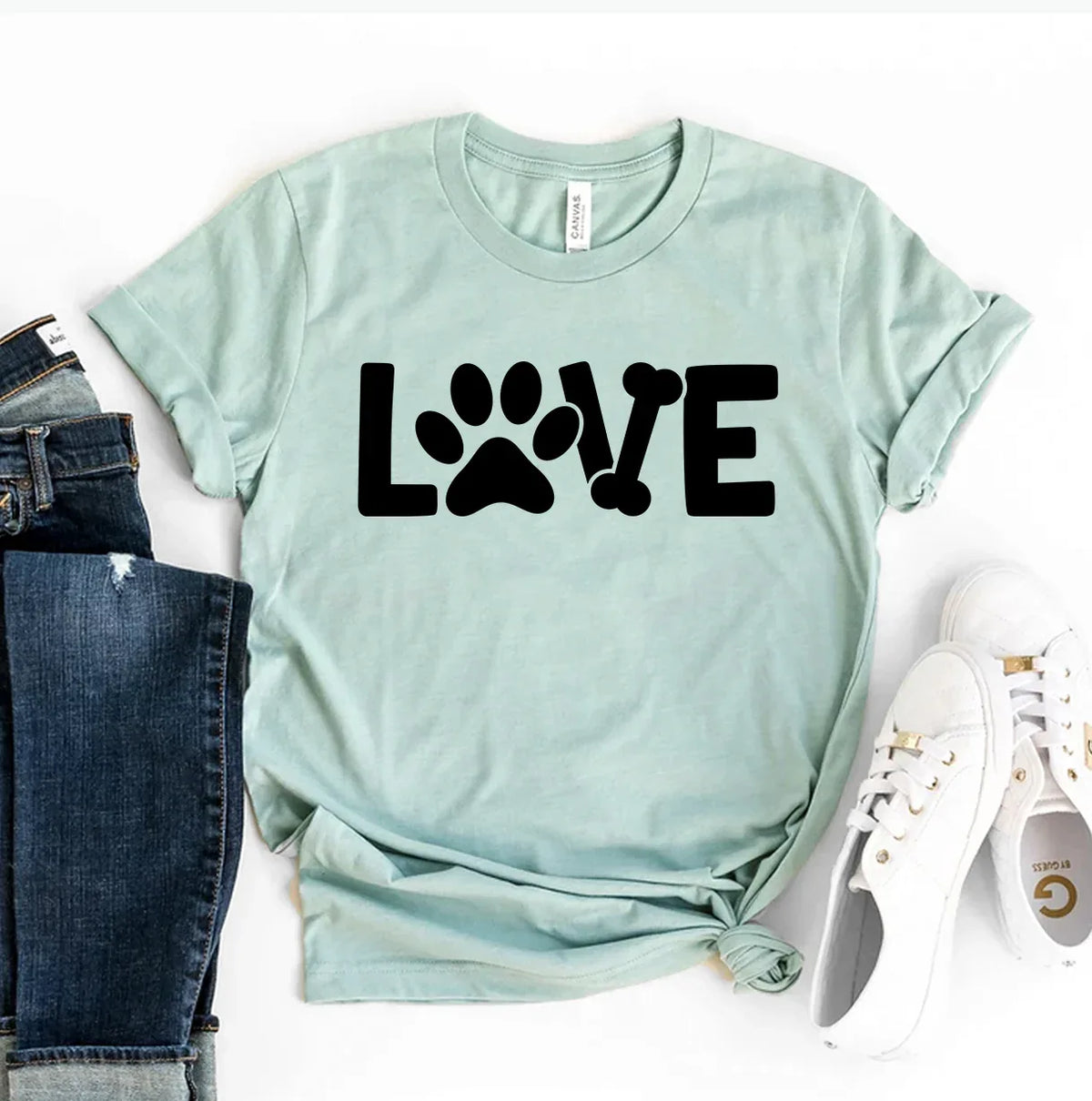 Front view of a white Love Dog T-shirt with a colorful dog graphic on a plain background.