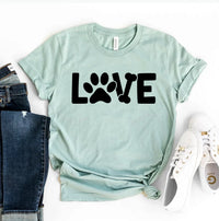 Front view of a white Love Dog T-shirt with a colorful dog graphic on a plain background.