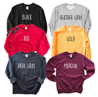 Full view of folded gray crew neck sweatshirt showcasing fabric and construction details