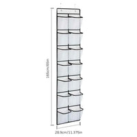 White over-the-door hanging organizer with 14 clear pockets holding shoes and accessories in a tidy arrangement.