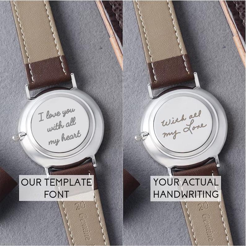 Watch displayed in stylish black box with engraved message visible on the back.