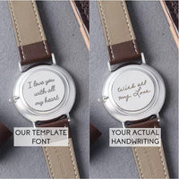 Watch displayed in stylish black box with engraved message visible on the back.