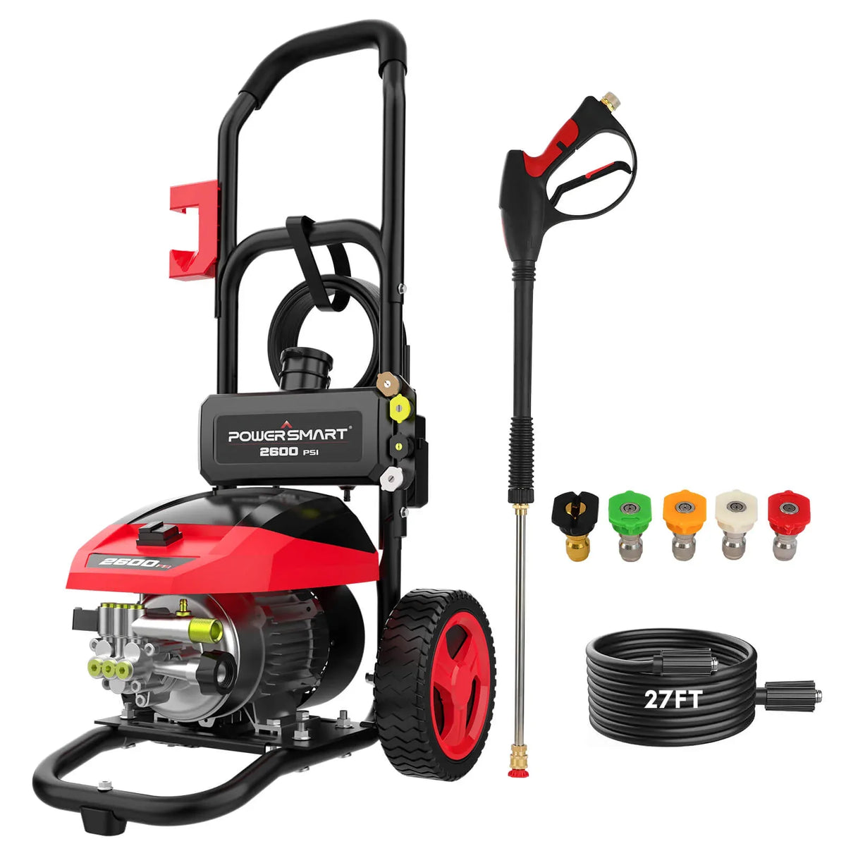 Electric pressure washer with handle and black hose coiled neatly beside, displayed on white background.