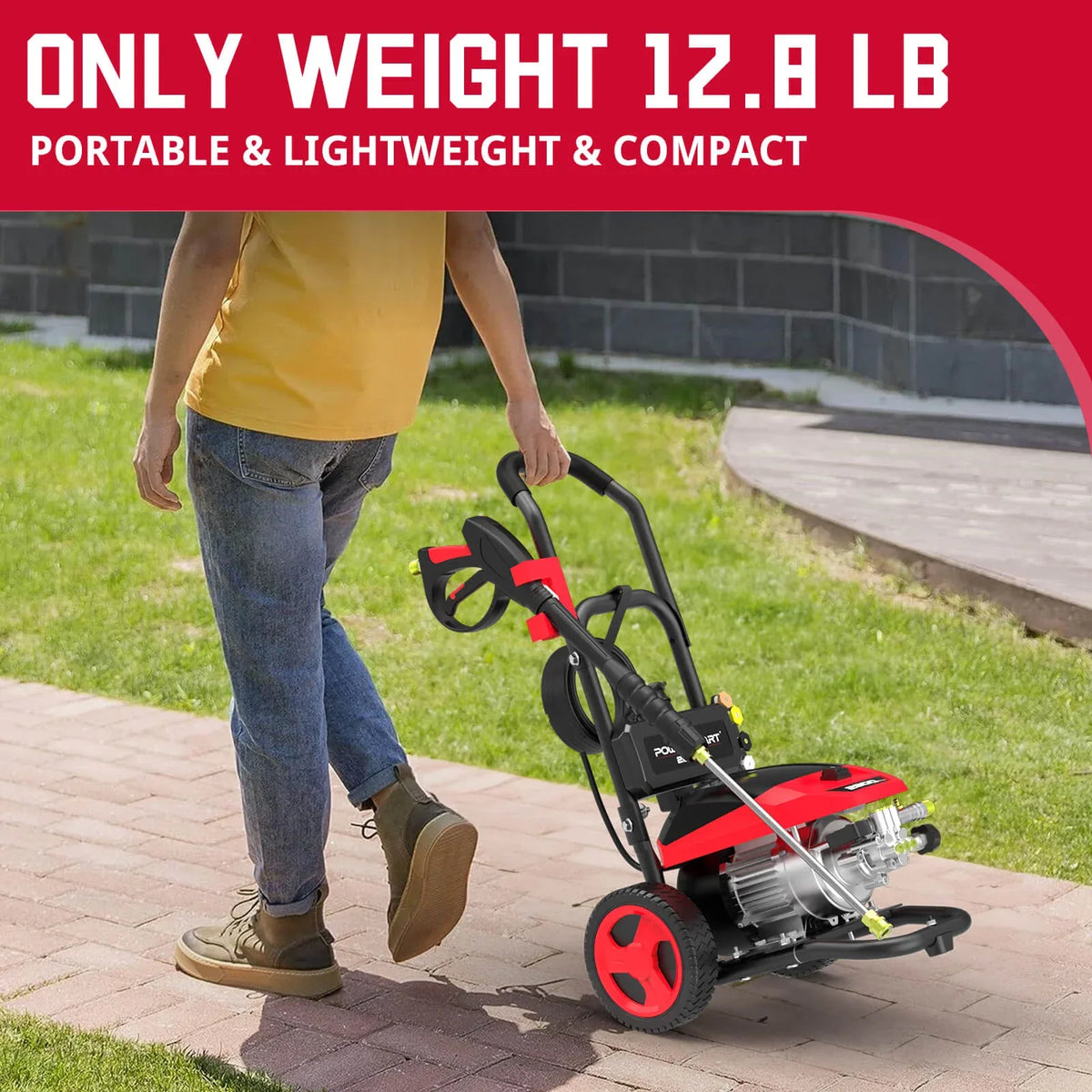 Side view of compact, lightweight electric pressure washer with power cord and hose attached.