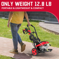 Side view of compact, lightweight electric pressure washer with power cord and hose attached.