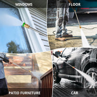 Pressure washer with 34-foot power cord and 27-foot hose stretched out on a patio.