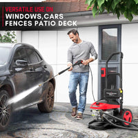 Electric pressure washer with motor and handle angled, showing compact design and features.