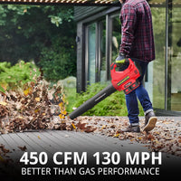Leaf blower in action clearing dry leaves outdoors on a lawn.