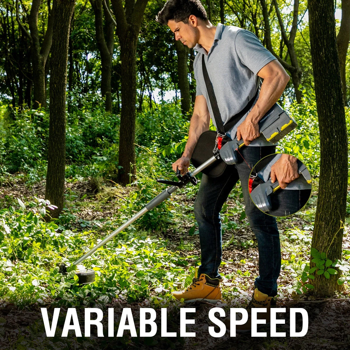 Brush cutter resting upright showing ergonomic design and user-friendly controls