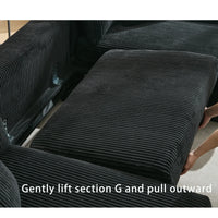 Large black U-shaped sleeper sofa with corduroy upholstery, square arms, and pull-out bed, seating for four.