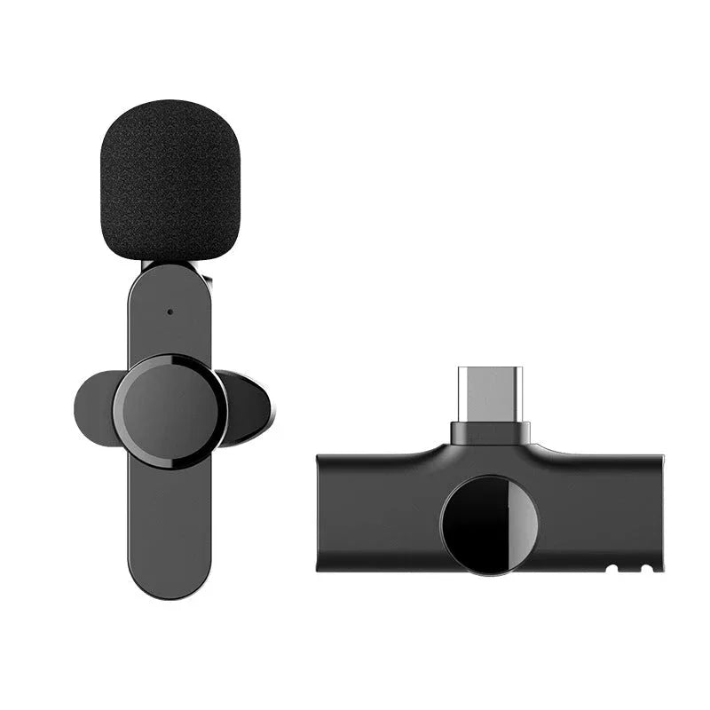 Compact black carrying case with wireless lavalier microphone placed on top.