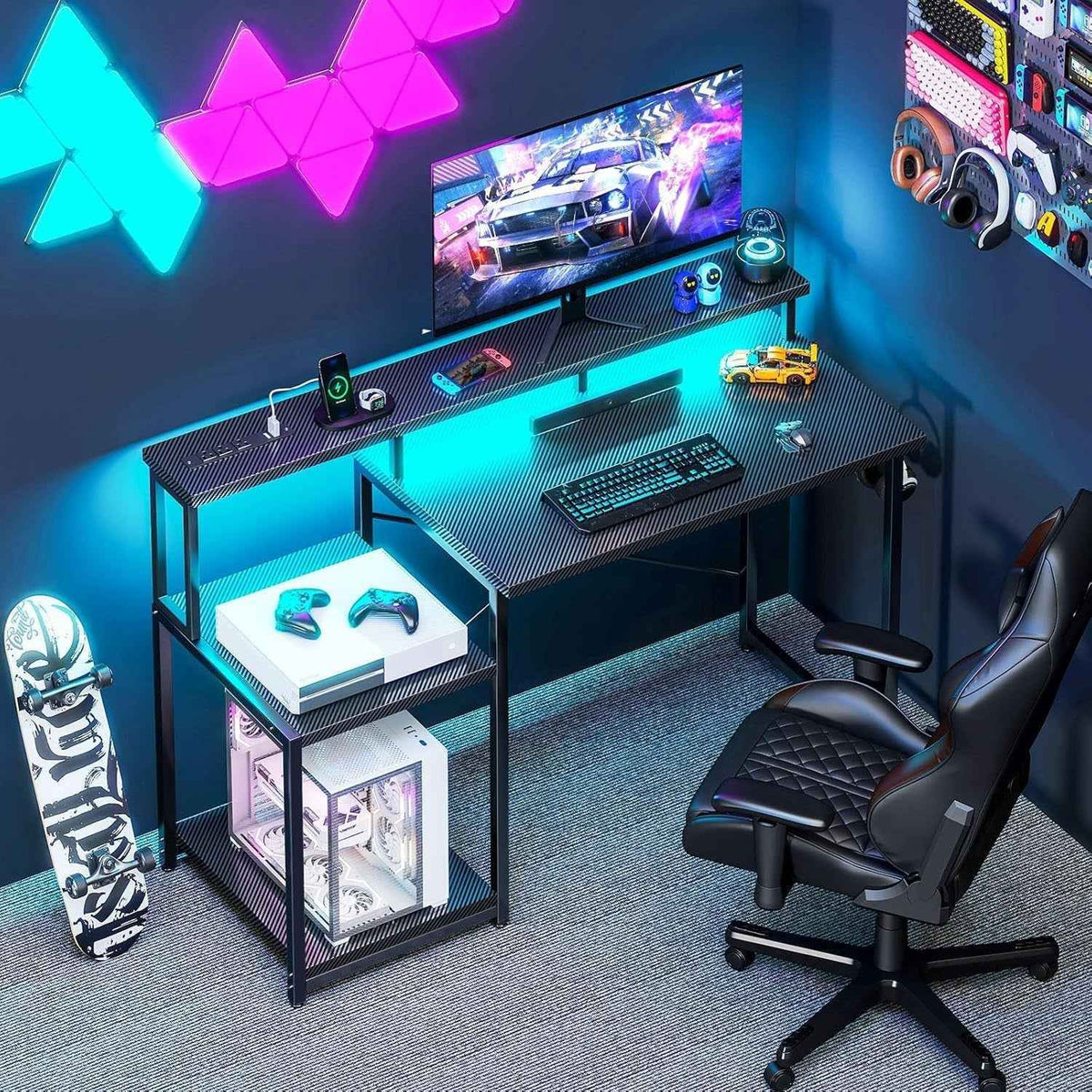 48 Inch LED Gaming Desk With Power Outlet And Shelves