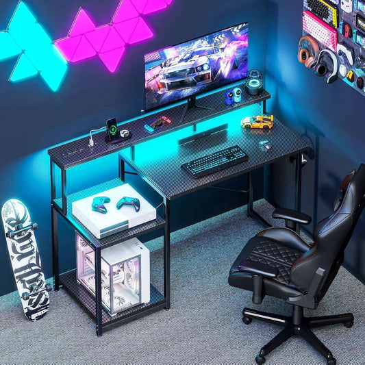 48 Inch LED Gaming Desk With Power Outlet And Shelves