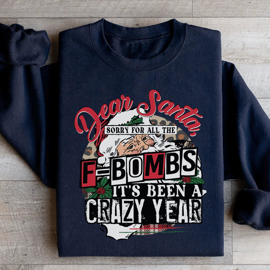Black sweatshirt with white text reading 'Dear Santa Sorry For All The F Bombs' on front.