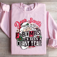 Light pink sweatshirt with white lettering 'Dear Santa Sorry For All The F Bombs' on front.
