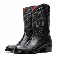 Close-up side view of Denver Black ostrich leg cowboy boot highlighting texture and stitching.