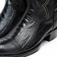 Top view of Denver Black western boot displaying black leather shaft and red ostrich vamp.