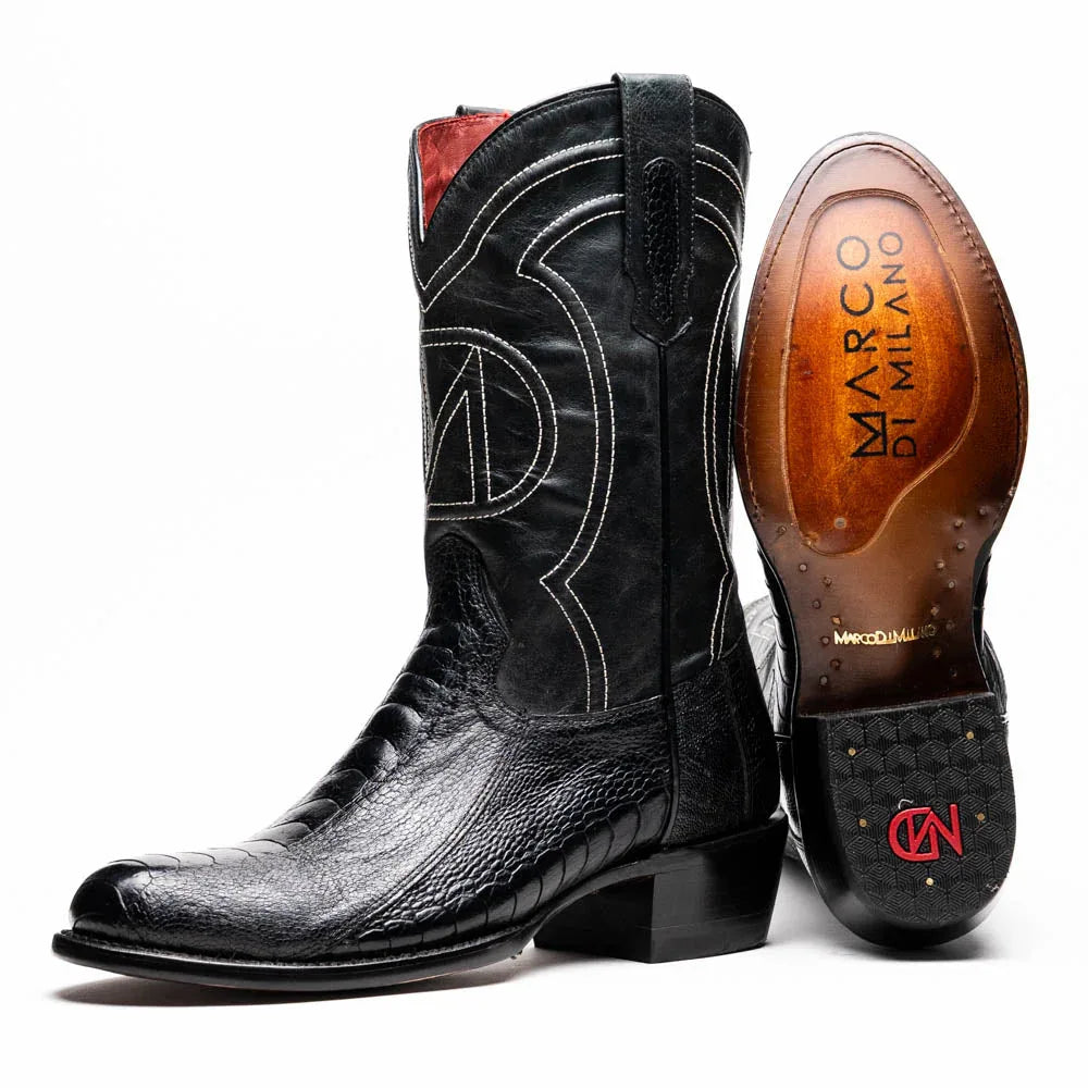 Close-up of Denver Black ostrich leg skin cowboy boot showing detailed leather texture and red vamp.