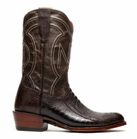 Denver brown ostrich leg cowboy boot displayed on white background from front angle.