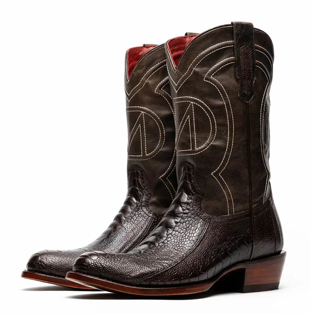 Denver boot angled to show round toe and detailed ostrich leg skin texture.
