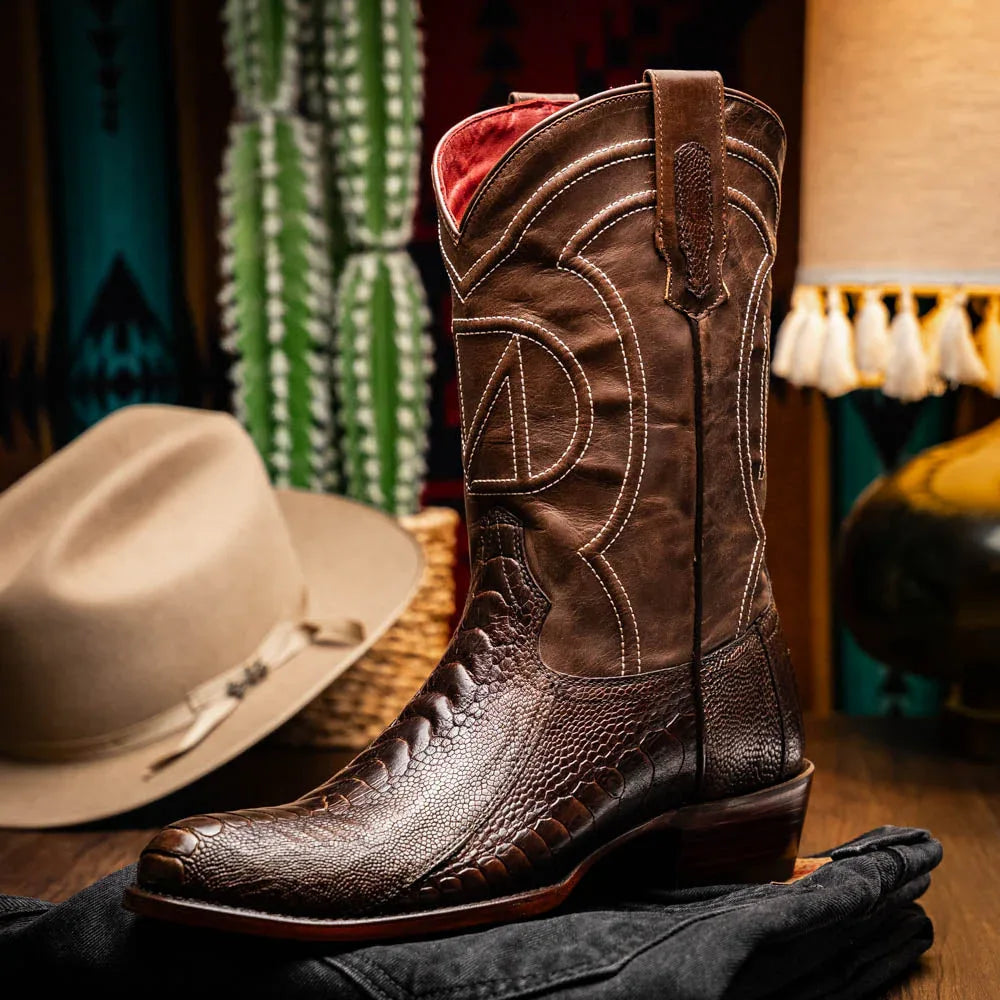 Rear angle of Denver Clear Brown ostrich skin cowboy boots highlighting pull tabs and stitching details.