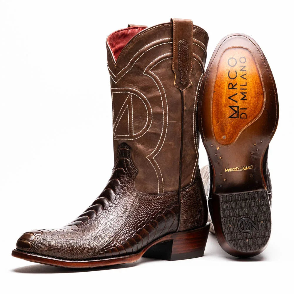 Close-up of Denver Clear Brown genuine ostrich leg skin cowboy boot showing detailed leather texture.