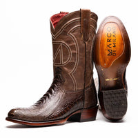 Close-up of Denver Clear Brown genuine ostrich leg skin cowboy boot showing detailed leather texture.