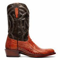 Front angle close-up of Denver Rustic Cognac boot showing round toe and detailed leather grain.