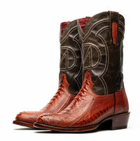 Back view of Denver Rustic Cognac boot highlighting black leather shaft with red stitching and pull tabs.