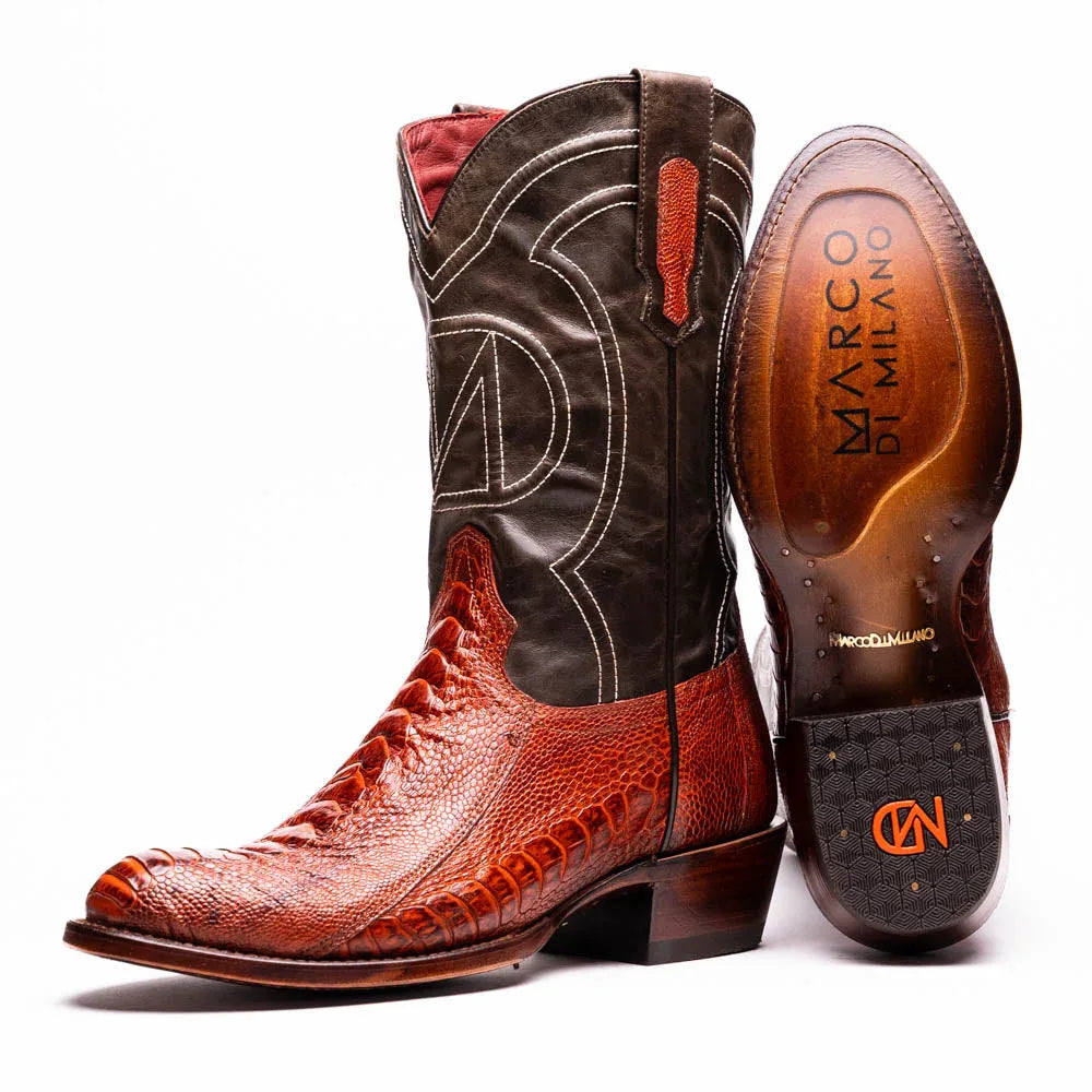 Close-up of Denver Rustic Cognac ostrich leather cowboy boot showing textured reddish-brown vamp and black shaft.