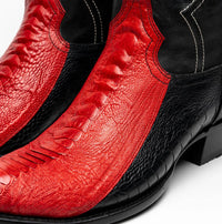 Front and side perspective of Denver red and black ostrich leg skin cowboy boot.