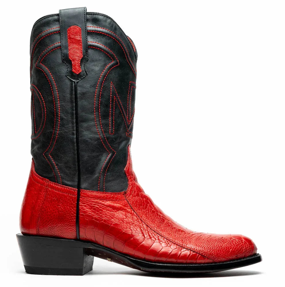 Denver Red boot on plain background, showing ostrich leg skin texture and vibrant finish.
