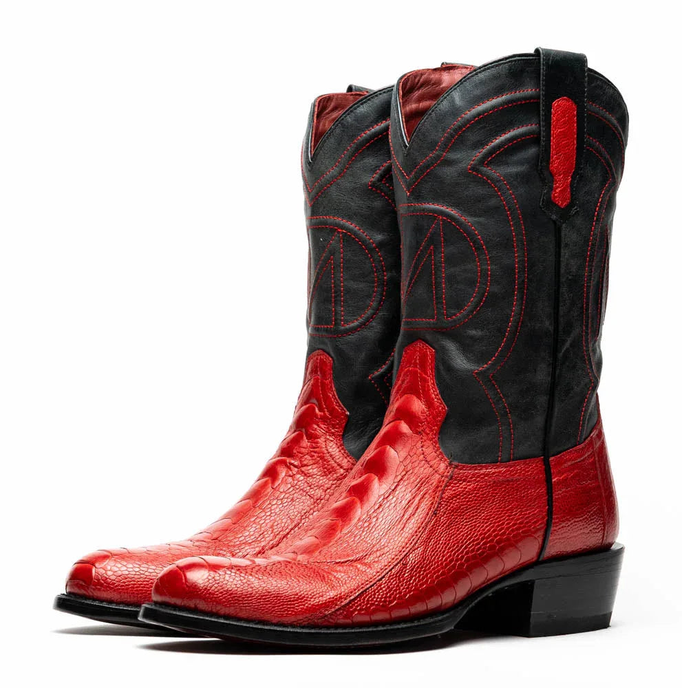 Denver Red boot angled to display round toe, red vamp, and black leather shaft with stitching.