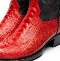 Denver Red boot isolated on white background, highlighting rich textures and bold Western design.
