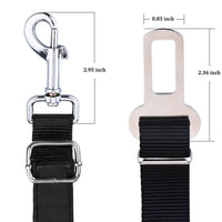 Two adjustable black dog seatbelt connectors with clips, designed for safely securing pets in a car.