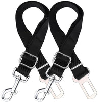 Two adjustable black dog seatbelt connectors with metal clips, designed to secure pets in car seats.