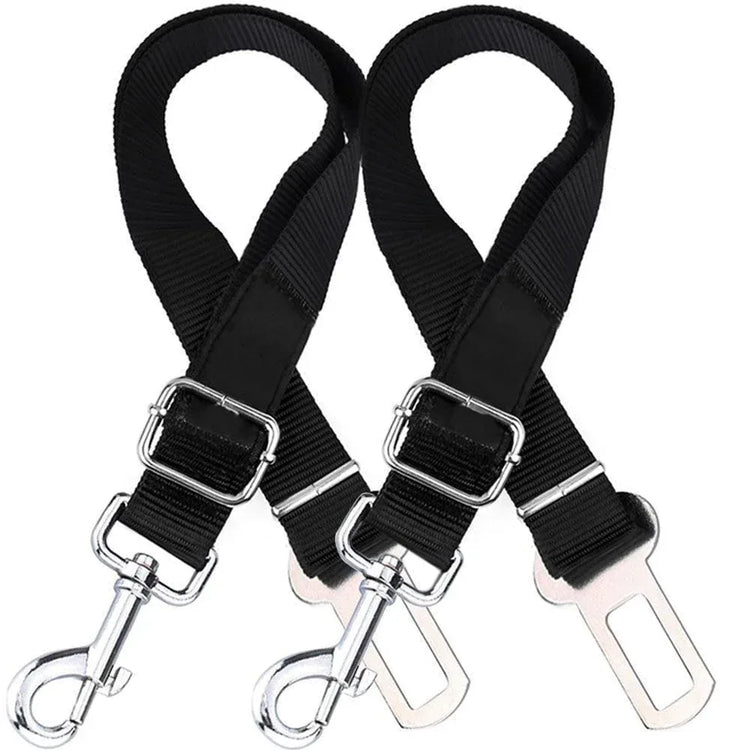 Two adjustable black dog seatbelt connectors with metal clips, designed to secure pets in car seats.