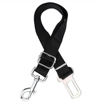 Two adjustable black dog seatbelt connectors attached to car seats, designed for safe pet travel.