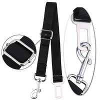 Two adjustable dog seatbelt connectors in black, designed to safely restrain pets during car rides.