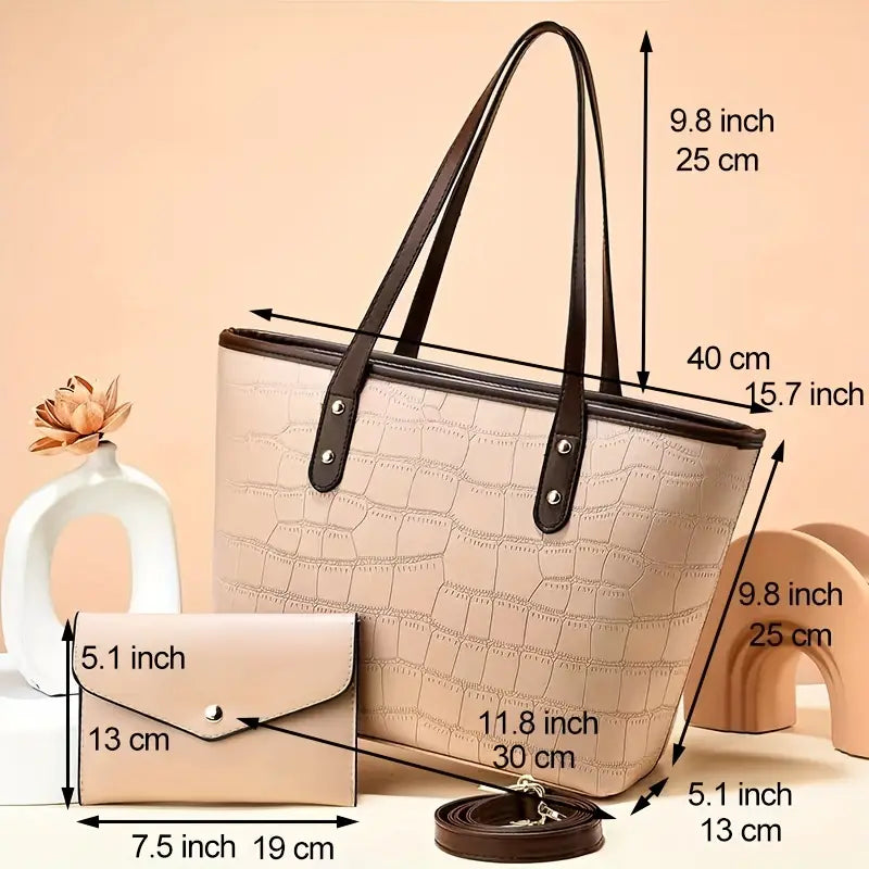 Crocodile Embossed Tote Bag Set with Clutch Purse