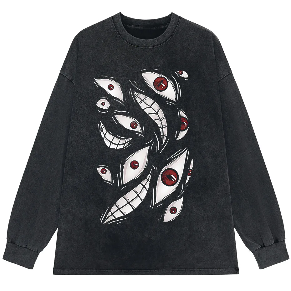 Folded white Harajuku anime eyes graphic t-shirt showing front print clearly