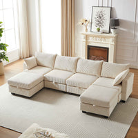 Large beige corduroy sectional sofa with three seats, shown in a bright living room setting.