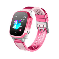 Close-up of kids' smart watch front camera on a blue strap with touchscreen display active.