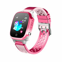 Kid's waterproof smartwatch in bright blue silicone strap with touch screen displaying game icons.