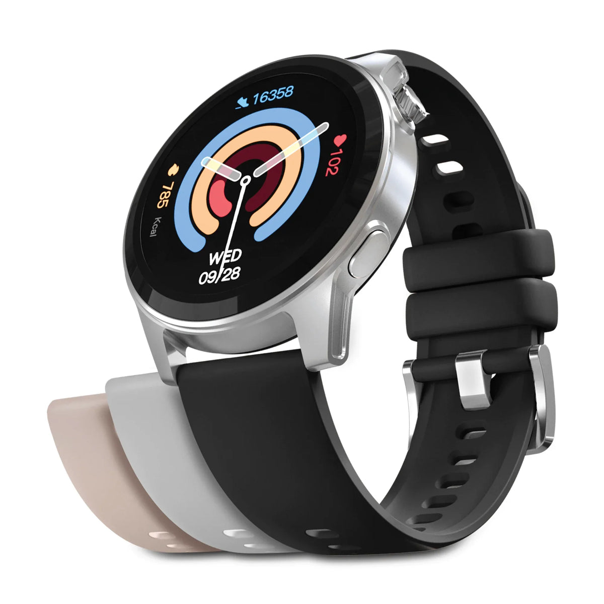 HyperGear Smartwatch displaying heart rate, steps, and calories on a black round touchscreen.