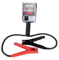 Handheld battery tester with display screen and clamps, designed for testing 6V and 12V vehicle batteries.