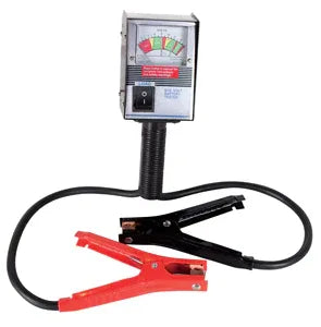 Handheld battery tester with display screen and clamps, designed for testing 6V and 12V vehicle batteries.