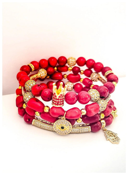 Eye Focused Red "Coral" Crown Bracelet set
