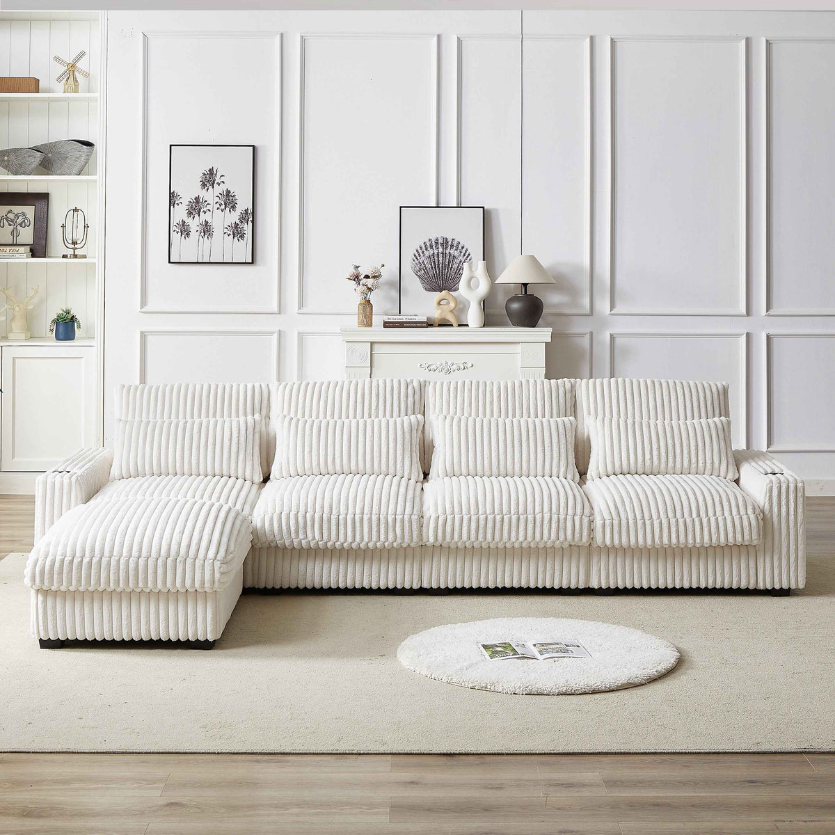 Large beige L-shaped corduroy sofa with cup holder and movable sections, seats four people comfortably.
