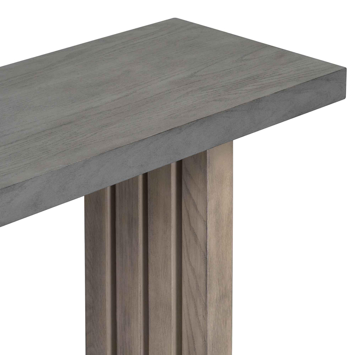 Angle view of gray oak veneer console table emphasizing the elegant side detailing and sturdy frame.
